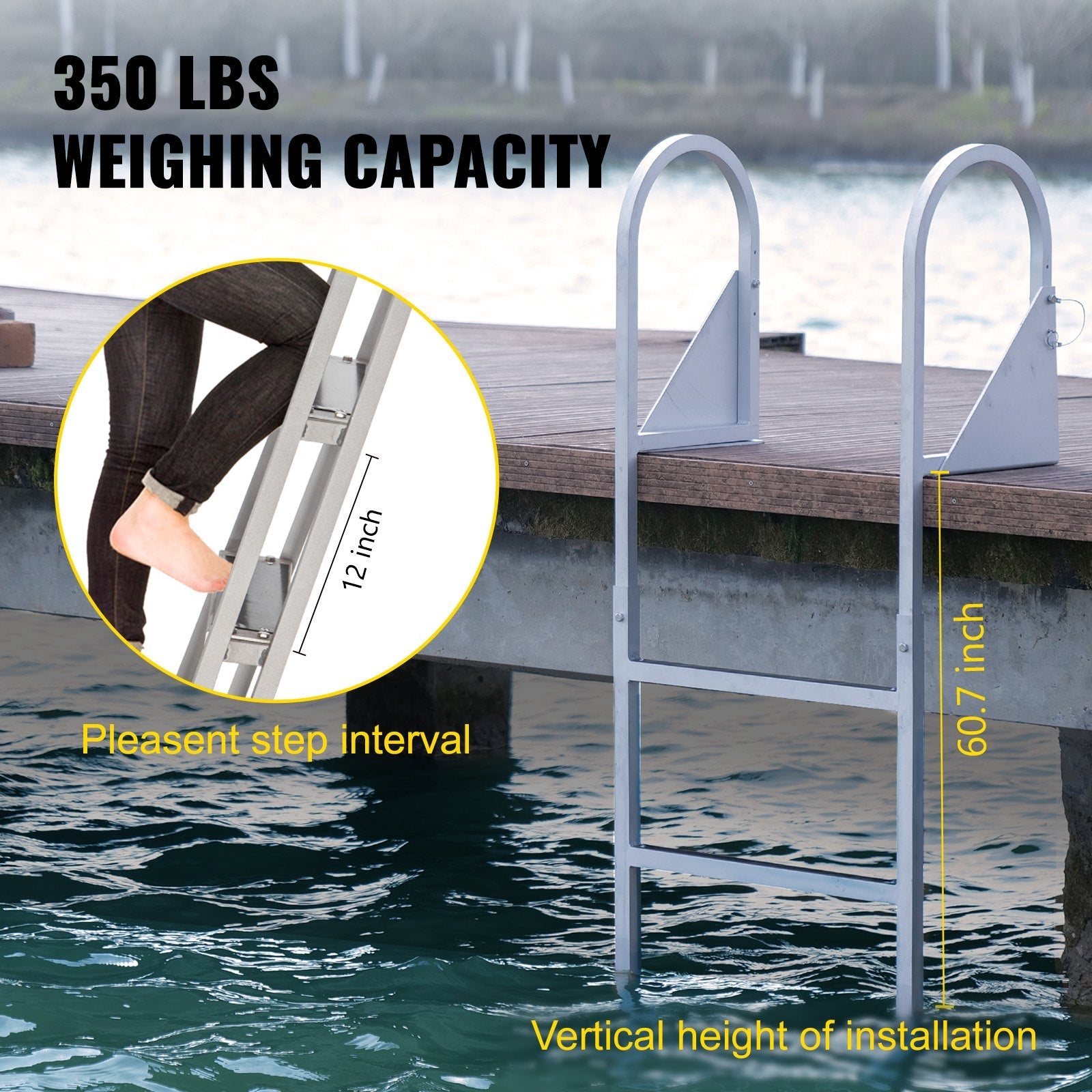 VEVOR Dock Ladders Flip Up, Dock Ladder with Rubber Mat, Swim Ladder Aluminum 5 Step, Each Step 21.5\" x 1.2\", 350Lbs Load, for Lake, Marine Boarding, Pool 