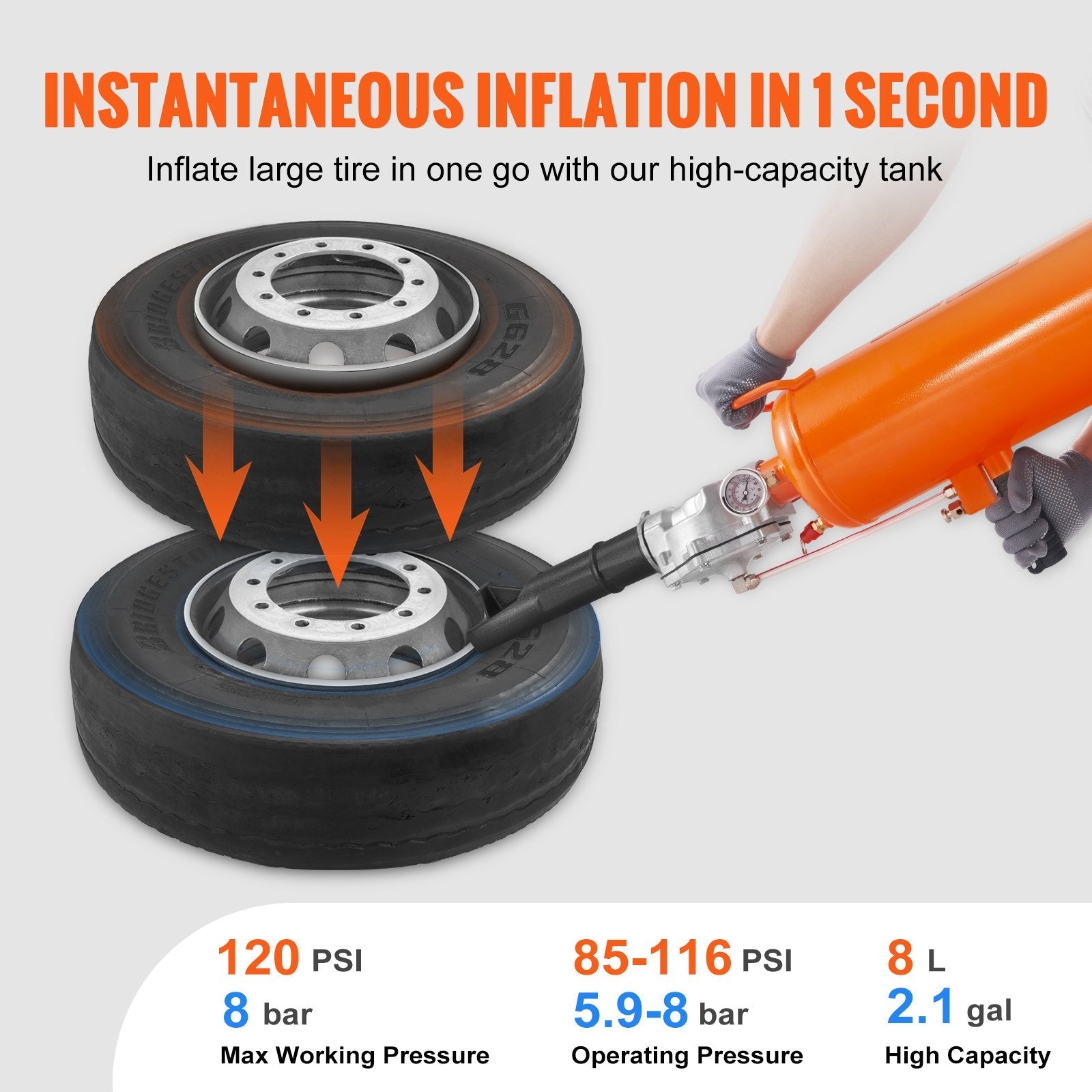 VEVOR Tire Bead Setter, 8L Capacity, 120 PSI Air Bead Blaster, Handheld & Portable Inflation Device, 85-116 PSI for Trucks, Tractors, ATVs & Cars 