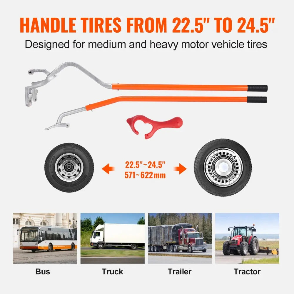 VEVOR Tire Mount Demount Tool, 22.5"-24.5" Manual Steel Tire Changer Mount Demount Removal Tool, with Extra Bead Keeper, Tubeless Truck Bead Breaker, 3 PCS Tire Changing Tools, Orange