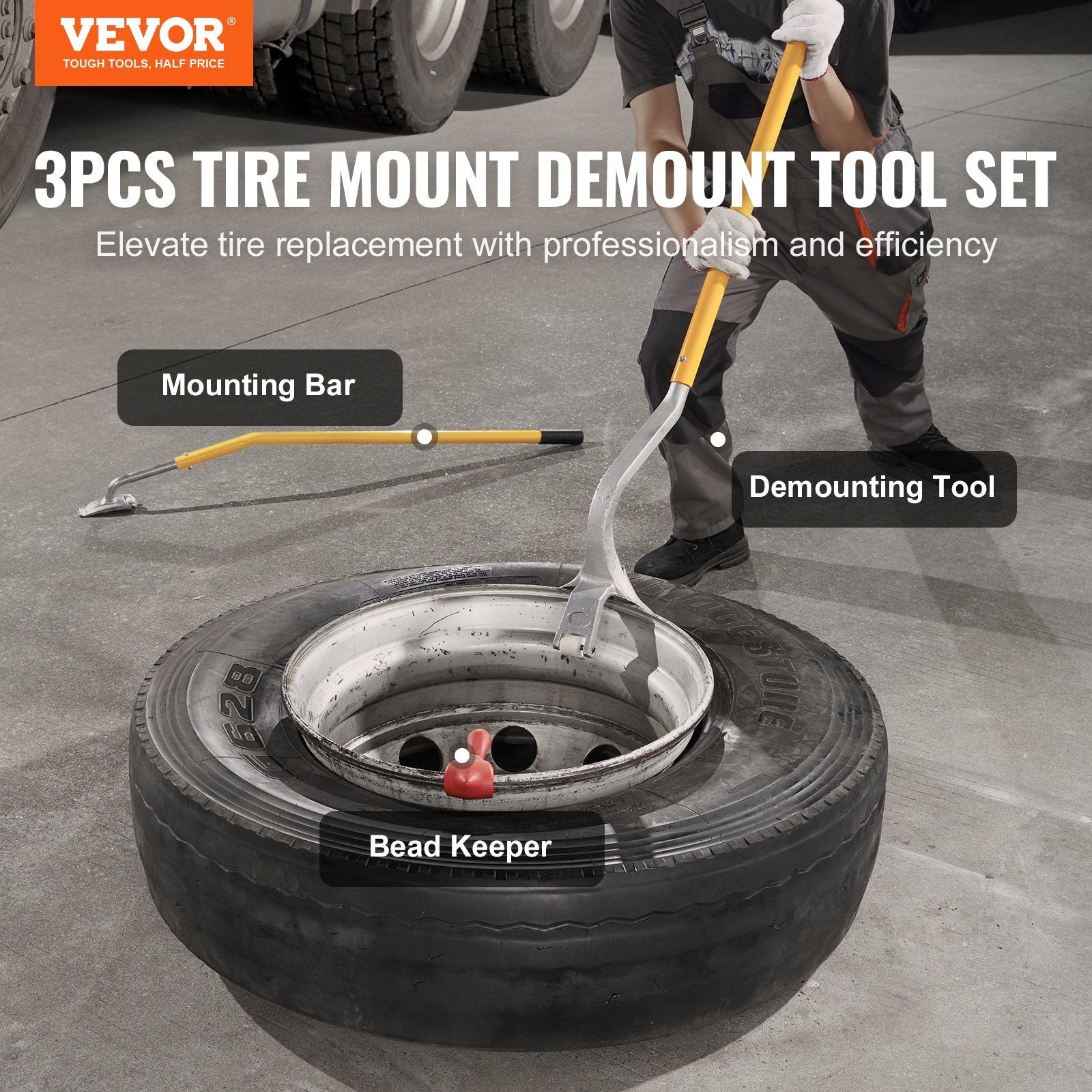 VEVOR Tire Mount Demount Tool, 22.5-24.5 inch Manual Steel Tire Changer Mount Demount Removal Tool, with Extra Bead Keeper, Tubeless Truck Bead Breaker, 3 PCS Tire Changing Tools, Orange 