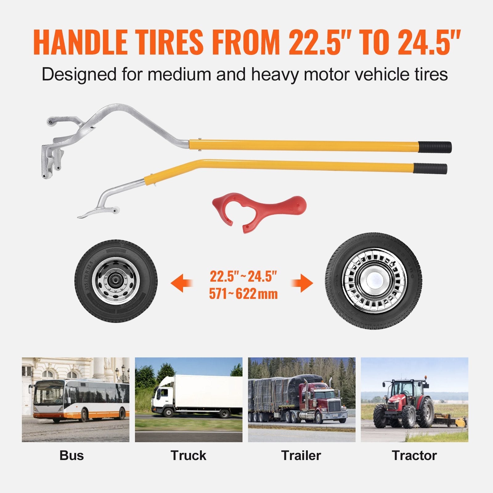 VEVOR Tire Mount Demount Tool, 22.5-24.5 inch Manual Steel Tire Changer Mount Demount Removal Tool, with Extra Bead Keeper, Tubeless Truck Bead Breaker, 3 PCS Tire Changing Tools, Orange 