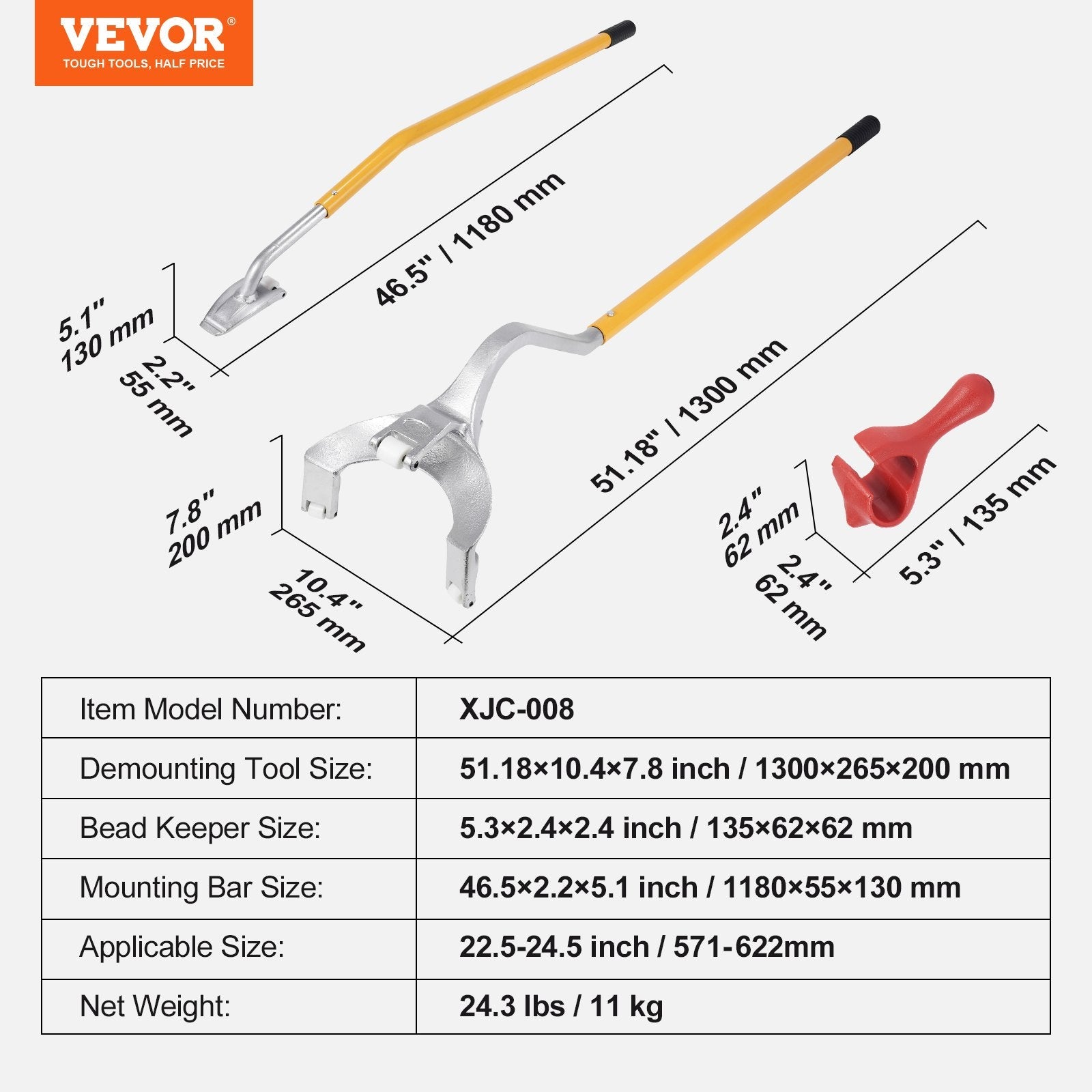 VEVOR Tire Mount Demount Tool, 22.5-24.5 inch Manual Steel Tire Changer Mount Demount Removal Tool, with Extra Bead Keeper, Tubeless Truck Bead Breaker, 3 PCS Tire Changing Tools, Orange 