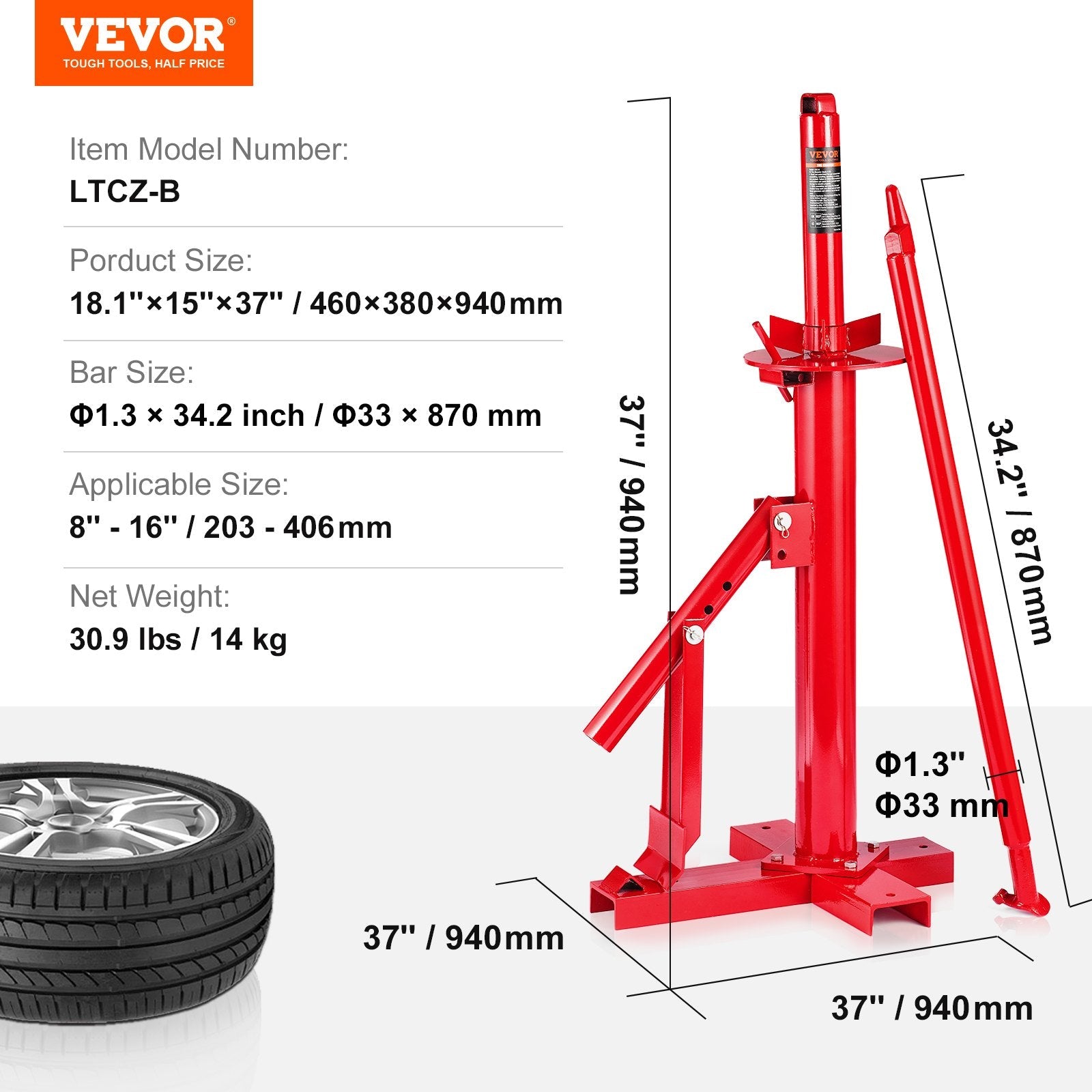 VEVOR Manual Tire Changer, Portable Hand Bead Breaker Mounting Tool for 8" - 16" Tires, Compatible with Car Truck Trailer, Tire Mounting Machine for Home Garage Small Auto Shop 
