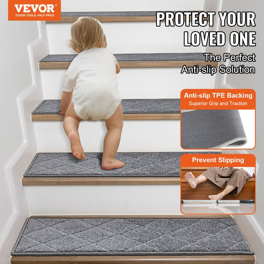 VEVOR Stair Treads, Stairs Carpet Non Slip 9" x 28", Indoor Stair Runner for Wooden Steps, Anti Slip Carpet Soft Edging Stair Rugs Mats for Kids Elders and Dogs, 15 pcs, Gray 