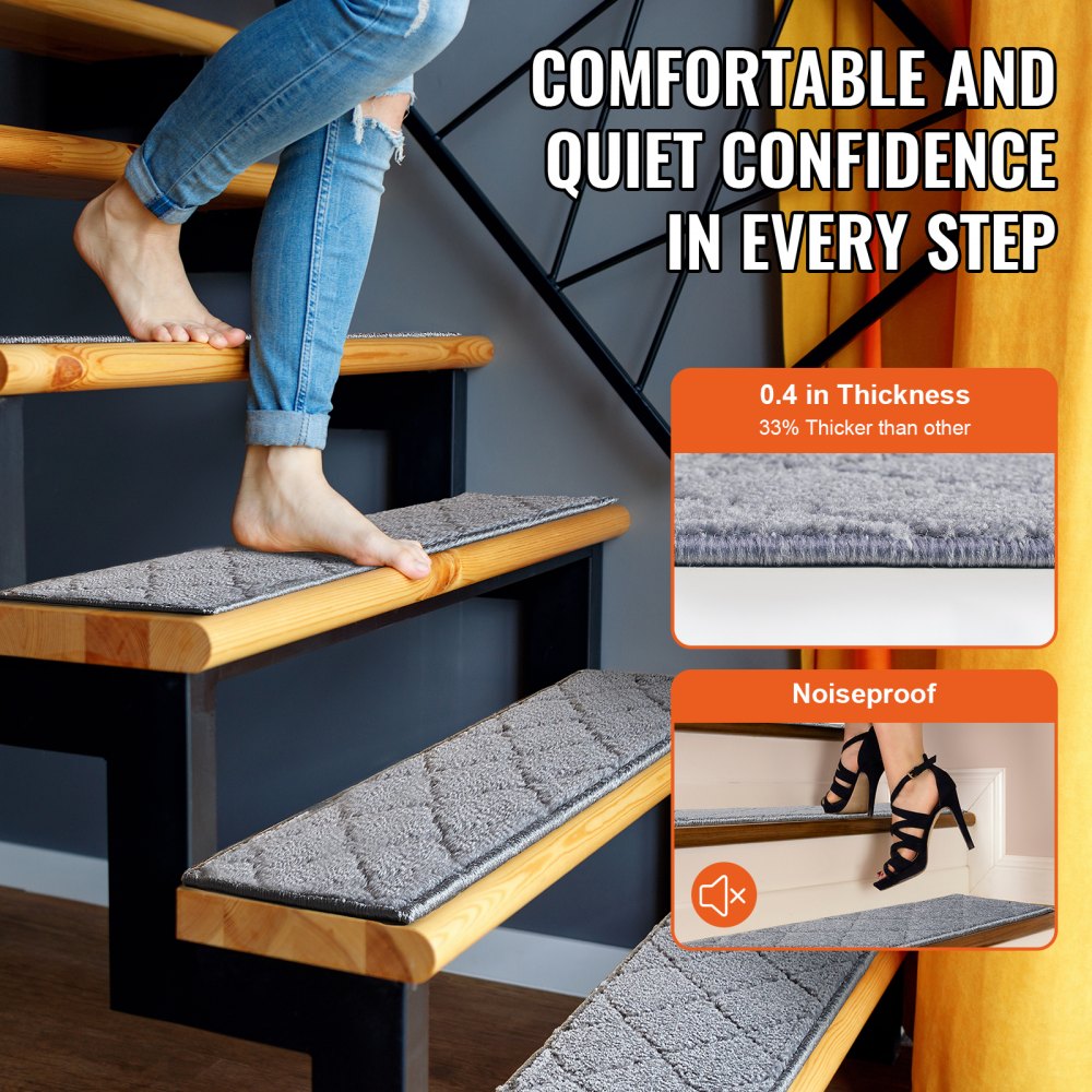 VEVOR Stair Treads, Stairs Carpet Non Slip 9" x 28", Indoor Stair Runner for Wooden Steps, Anti Slip Carpet Soft Edging Stair Rugs Mats for Kids Elders and Dogs, 15 pcs, Gray 