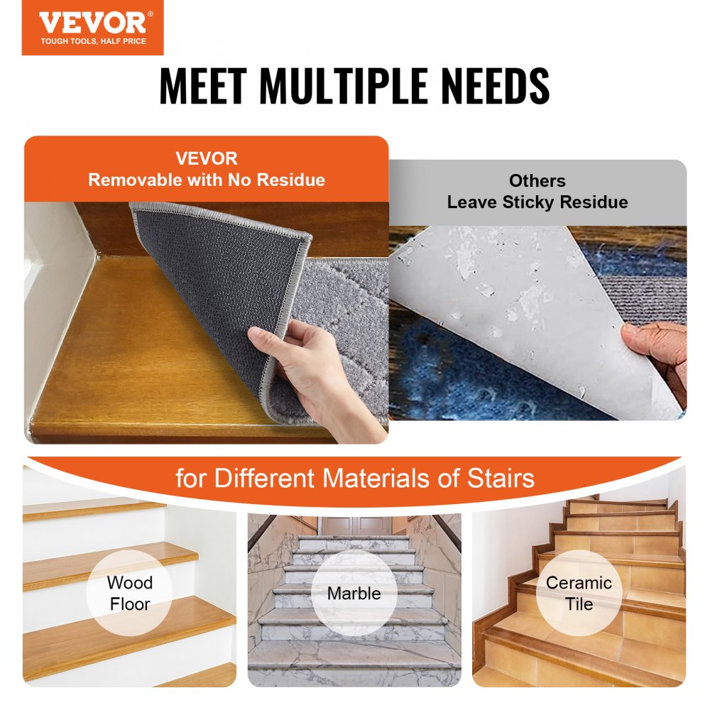 VEVOR Stair Treads, Stairs Carpet Non Slip 9" x 28", Indoor Stair Runner for Wooden Steps, Anti Slip Carpet Soft Edging Stair Rugs Mats for Kids Elders and Dogs, 15 pcs, Gray 