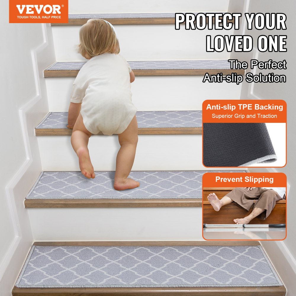 VEVOR Stair Treads, Stairs Carpet Non Slip 9" x 28", Indoor Stair Runner for Wooden Steps, Anti Slip Carpet Soft Edging Stair Rugs Mats for Kids Elders and Dogs, 15 pcs, Light Gray 