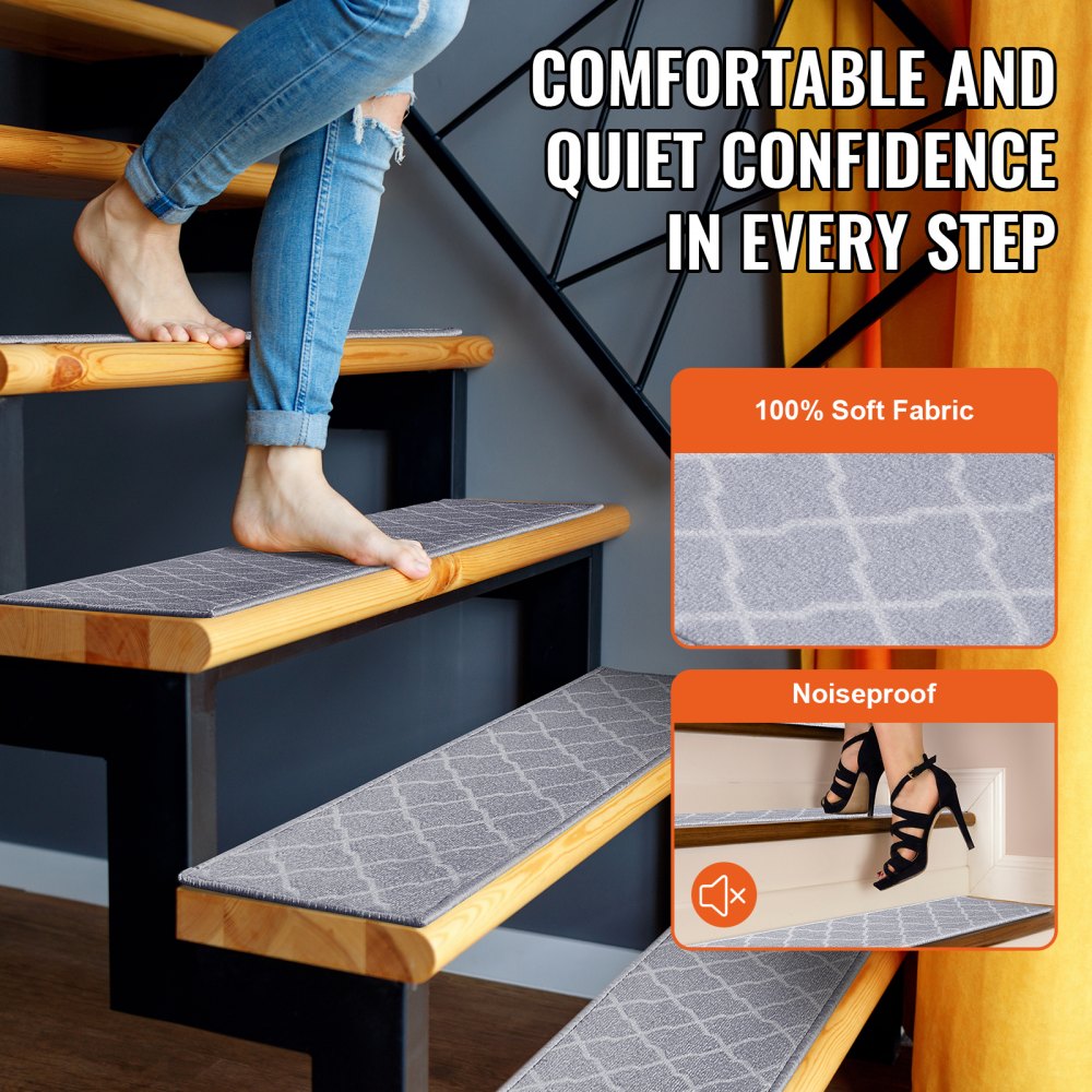 VEVOR Stair Treads, Stairs Carpet Non Slip 9" x 28", Indoor Stair Runner for Wooden Steps, Anti Slip Carpet Soft Edging Stair Rugs Mats for Kids Elders and Dogs, 15 pcs, Light Gray 