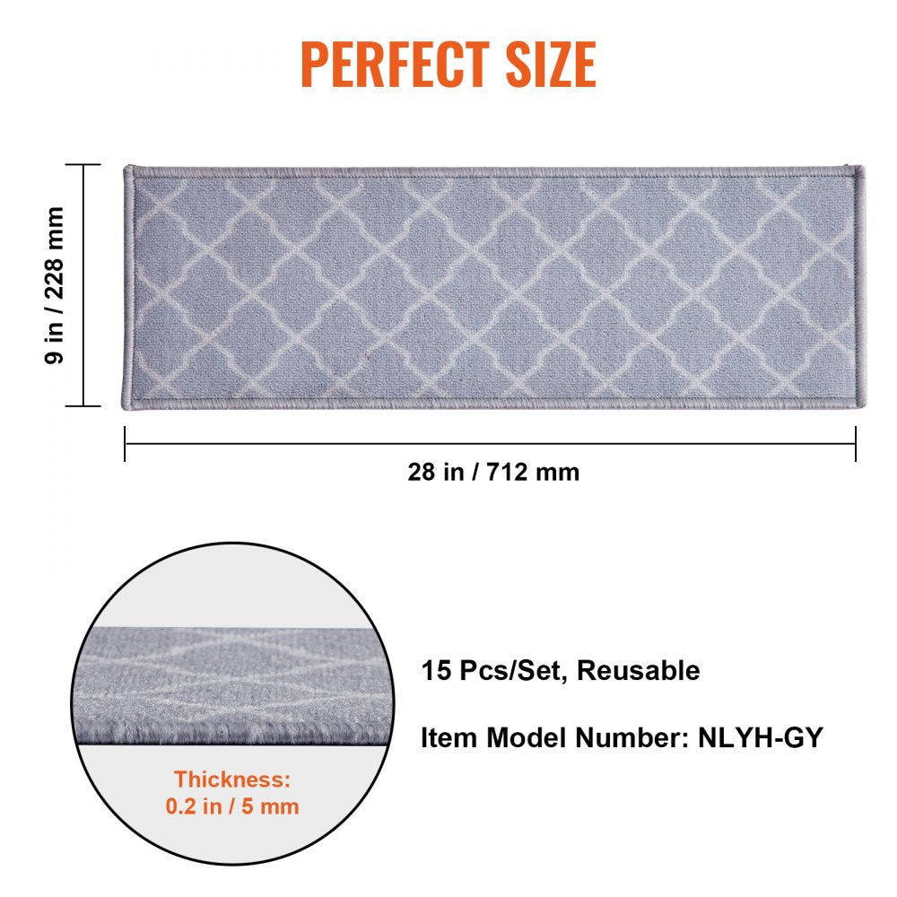 VEVOR Stair Treads, Stairs Carpet Non Slip 9" x 28", Indoor Stair Runner for Wooden Steps, Anti Slip Carpet Soft Edging Stair Rugs Mats for Kids Elders and Dogs, 15 pcs, Light Gray 