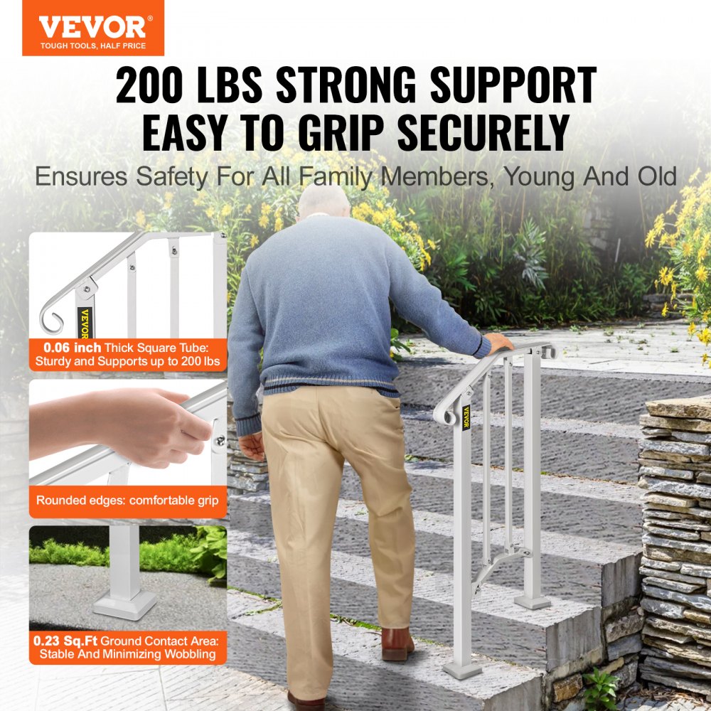 VEVOR Wrought Iron Handrail Fits 1 or 2 Steps Handrail Picket #1 Outdoor Stair Rail with Installation Kit for Outdoor Steps Hand Rails Matte White 