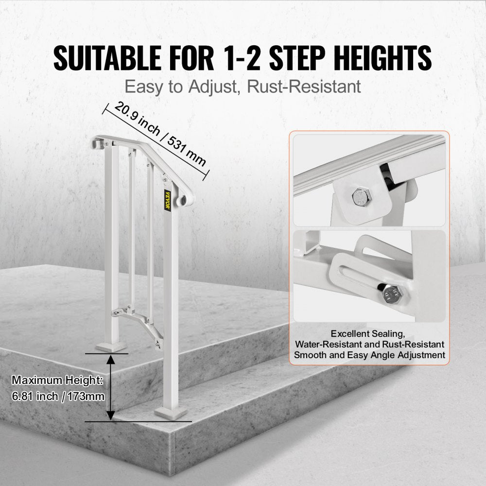VEVOR Wrought Iron Handrail Fits 1 or 2 Steps Handrail Picket #1 Outdoor Stair Rail with Installation Kit for Outdoor Steps Hand Rails Matte White 