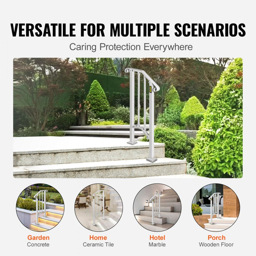 VEVOR Wrought Iron Handrail Fits 1 or 2 Steps Handrail Picket #1 Outdoor Stair Rail with Installation Kit for Outdoor Steps Hand Rails Matte White 