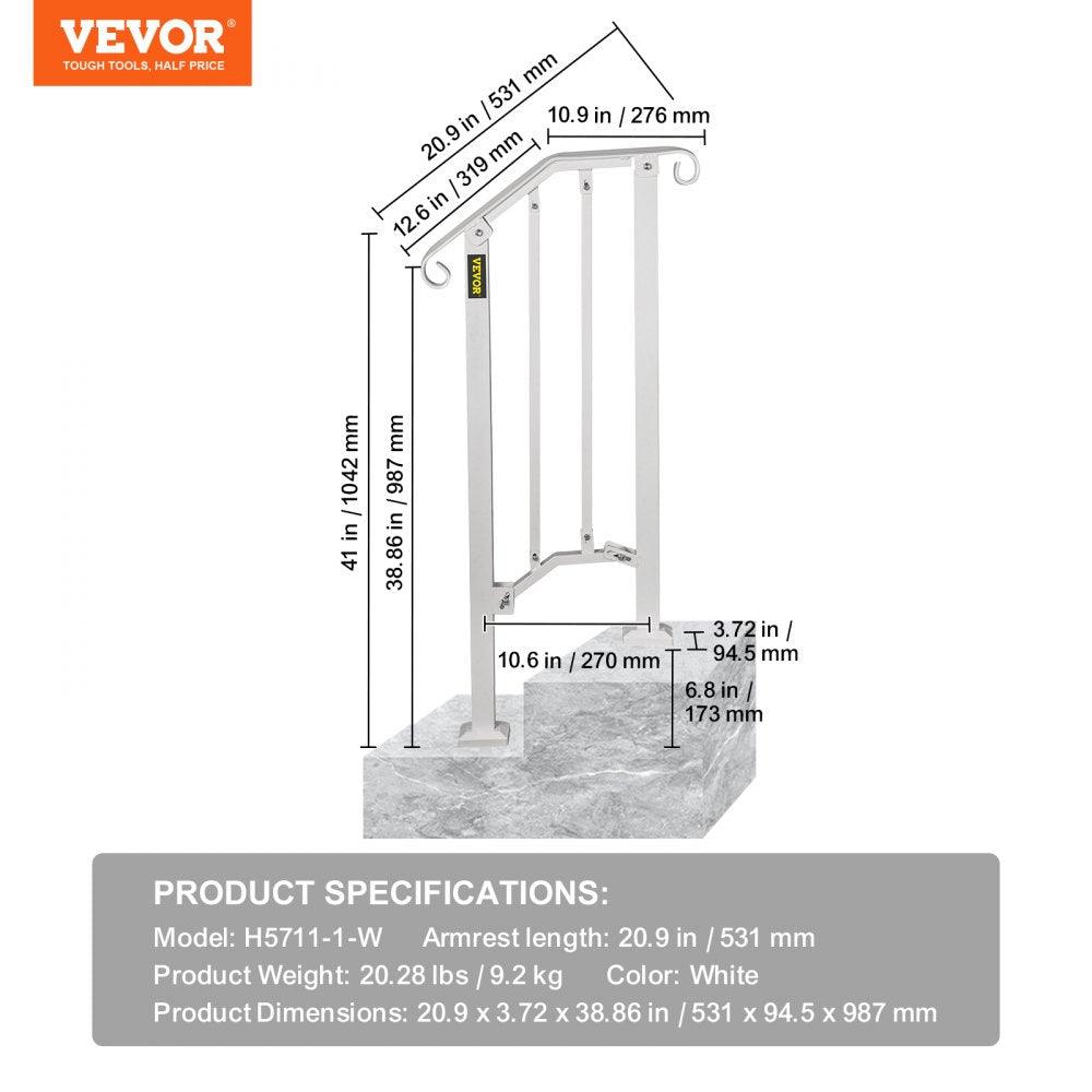 VEVOR Wrought Iron Handrail Fits 1 or 2 Steps Handrail Picket #1 Outdoor Stair Rail with Installation Kit for Outdoor Steps Hand Rails Matte White 