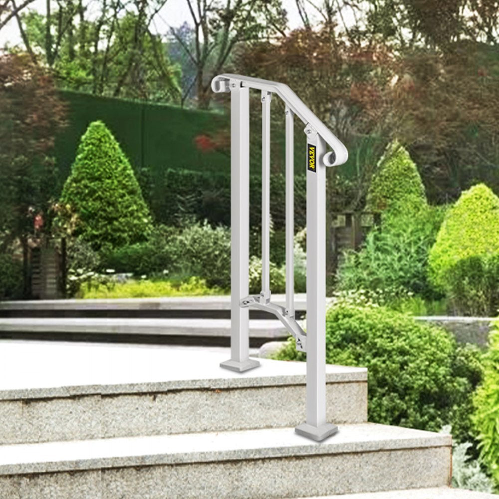 VEVOR Wrought Iron Handrail Fits 1 or 2 Steps Handrail Picket #1 Outdoor Stair Rail with Installation Kit for Outdoor Steps Hand Rails Matte White 