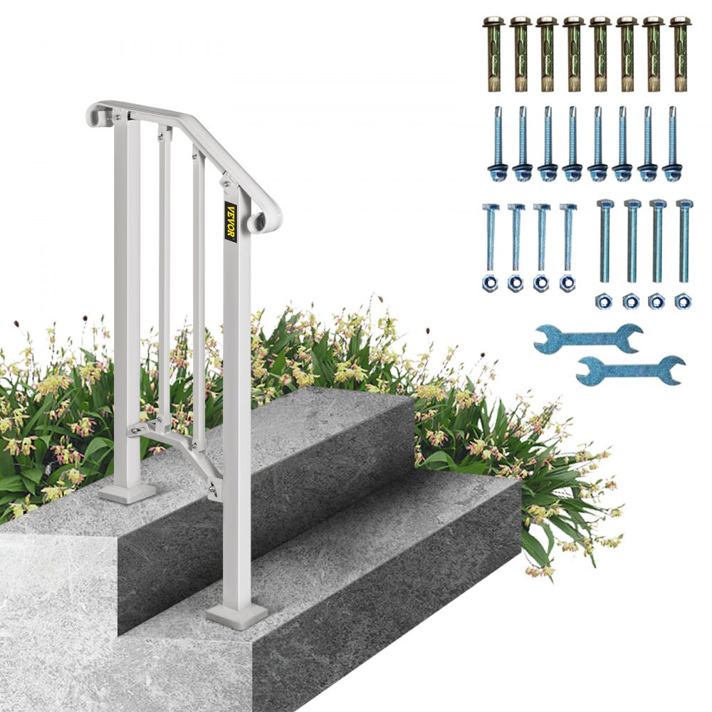 VEVOR Wrought Iron Handrail Fits 1 or 2 Steps Handrail Picket #1 Outdoor Stair Rail with Installation Kit for Outdoor Steps Hand Rails Matte White 