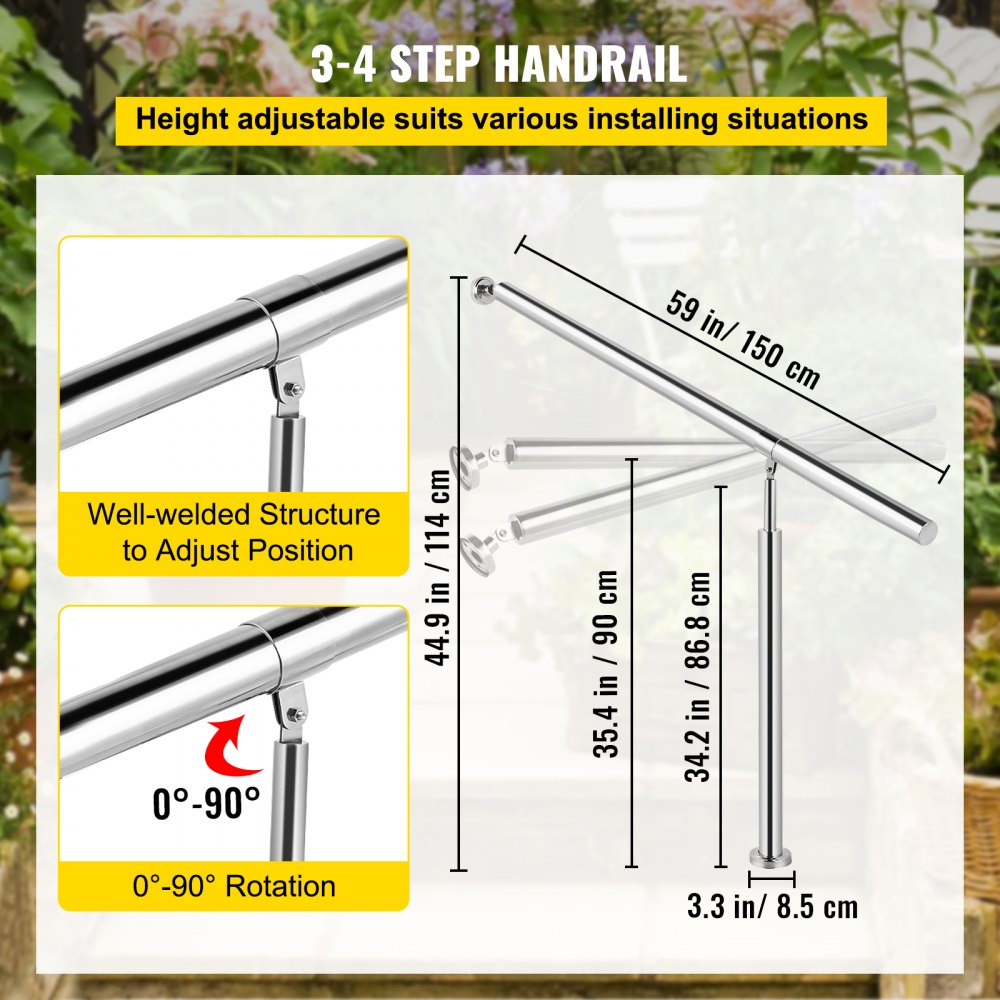 VEVOR Step Handrail 304 Stainless Steel Stair Railing 3-4 Step for Indoor and Outdoor Adjustable Metal Hand Rails for Steps, 59x35.4 Inch, Silver 