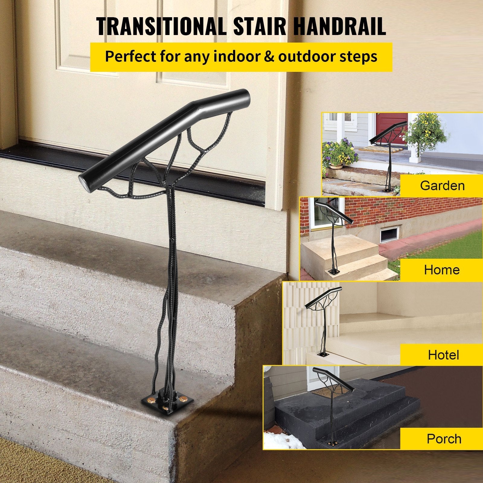 VEVOR 2-Step Single Post Branch-Type Metal Material Stair Hand Rail with Installation Kit 18L x 38H Inch Wrought Iron Handrails, Black 