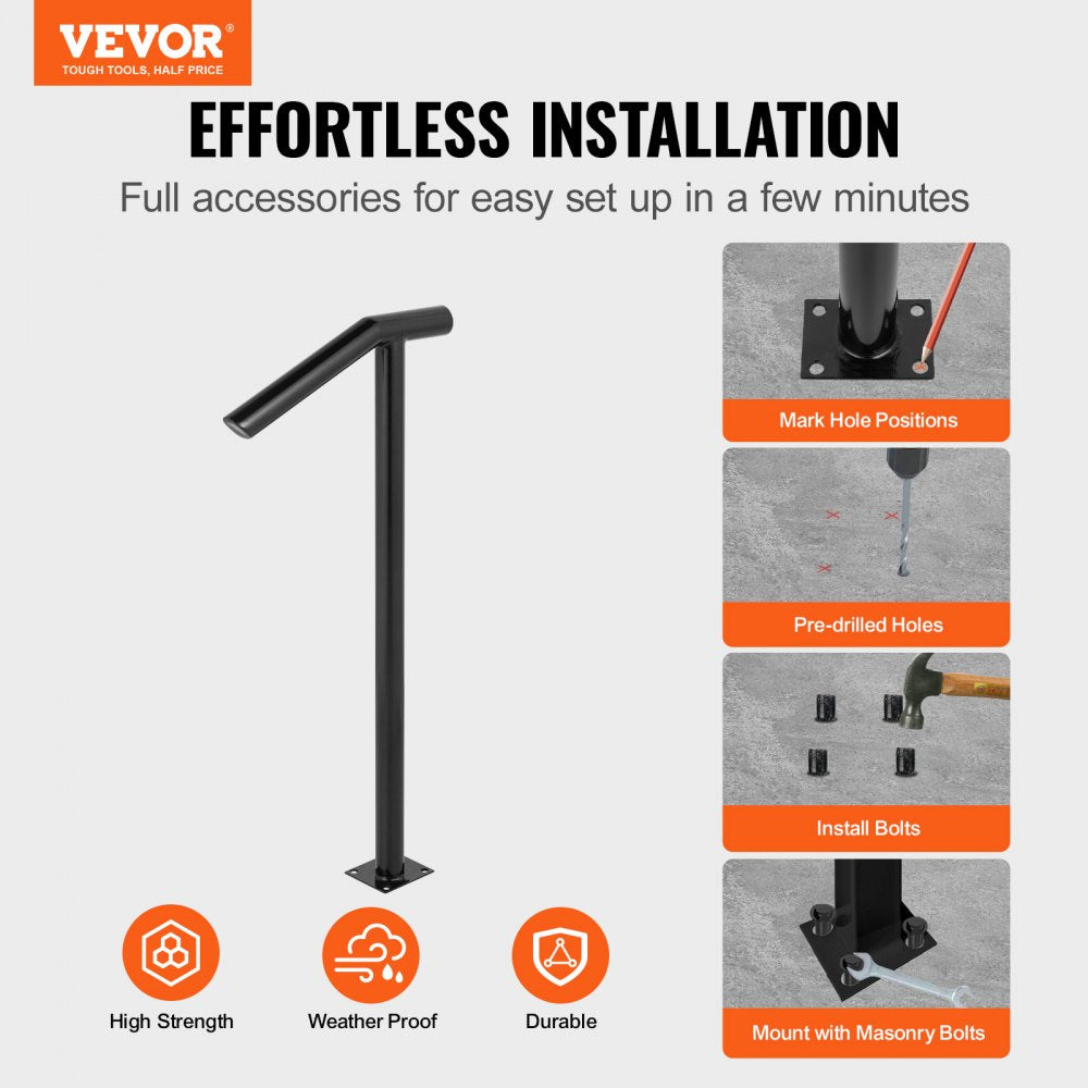 VEVOR Single Post 1-2, Black Steel Railing 441LBS Capacity Baking Varnish Iron Stairs Stylish Handrails for Outdoor Steps with Expansion Bolts & Drill Bit 
