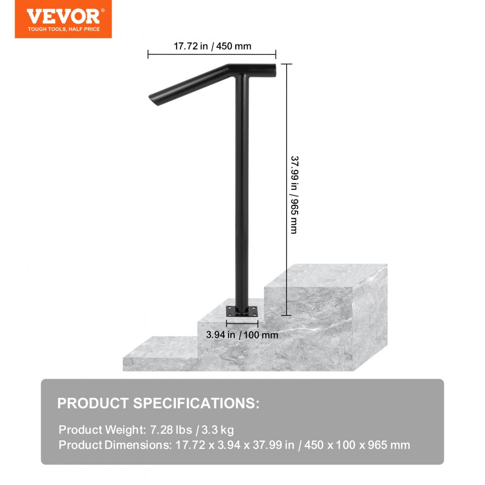 VEVOR Single Post 1-2, Black Steel Railing 441LBS Capacity Baking Varnish Iron Stairs Stylish Handrails for Outdoor Steps with Expansion Bolts & Drill Bit 
