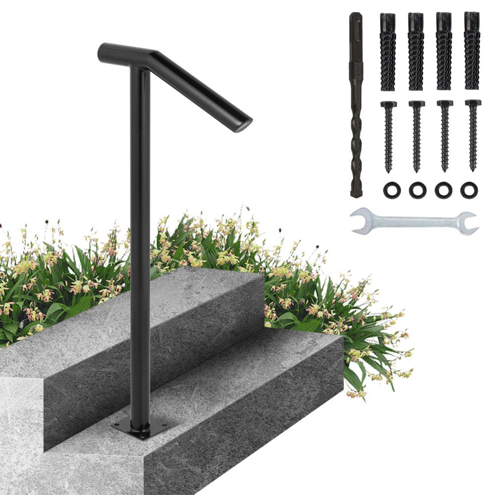 VEVOR Single Post 1-2, Black Steel Railing 441LBS Capacity Baking Varnish Iron Stairs Stylish Handrails for Outdoor Steps with Expansion Bolts & Drill Bit 