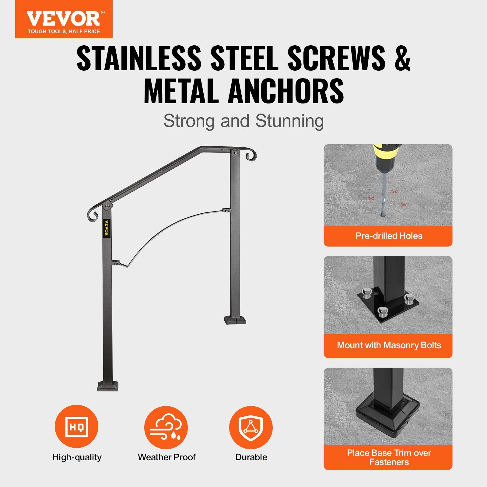 VEVOR Handrail Arch #2 Fits 2 or 3 Steps Matte Black Stair Rail Wrought Iron Handrail Black Transitional Hand railings for Concrete Steps or Wooden Stairs with Installation Kit 