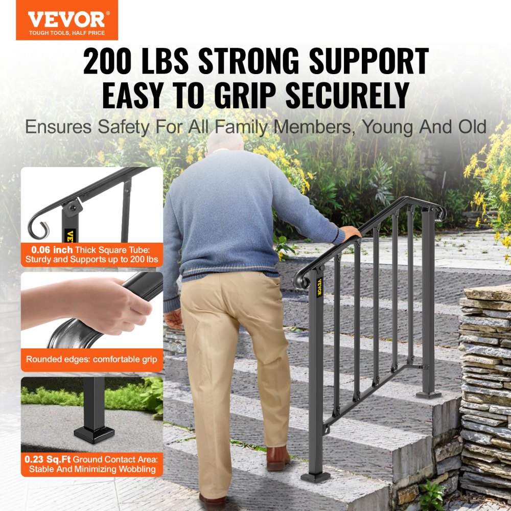 VEVOR Handrail Picket #2 Fits 2 or 3 Steps Matte Black Stair Rail Wrought Iron Handrail Black Transitional Hand railings for Concrete Steps or Wooden Stairs with Installation Kit 