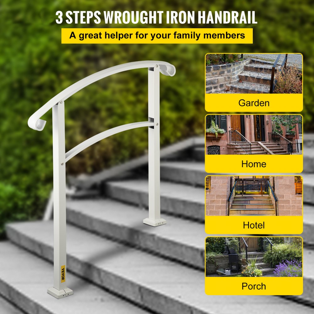 VEVOR 3-Step Handrails for Outdoor Steps Fits 1 or 3 Steps Matte White Stair Rail Wrought Iron Handrail with Installation Kit Hand Rails for Outdoor Step 