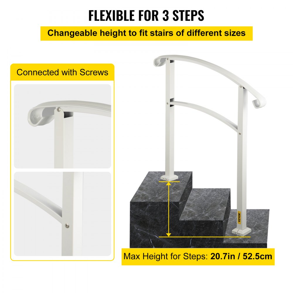 VEVOR 3-Step Handrails for Outdoor Steps Fits 1 or 3 Steps Matte White Stair Rail Wrought Iron Handrail with Installation Kit Hand Rails for Outdoor Step 