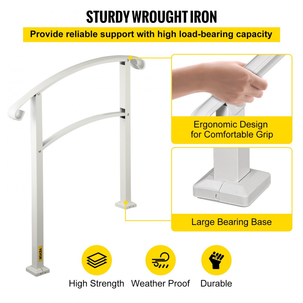 VEVOR 3-Step Handrails for Outdoor Steps Fits 1 or 3 Steps Matte White Stair Rail Wrought Iron Handrail with Installation Kit Hand Rails for Outdoor Step 