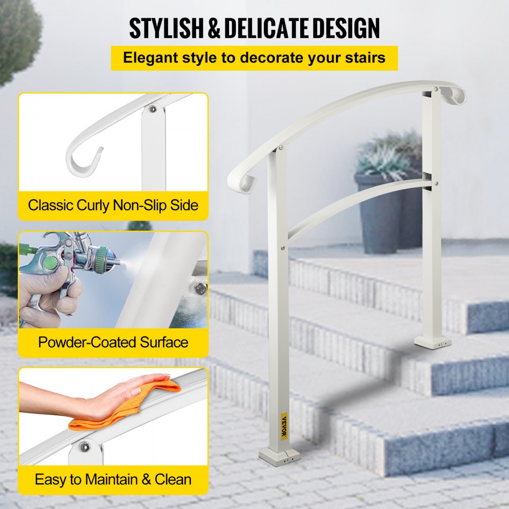 VEVOR 3-Step Handrails for Outdoor Steps Fits 1 or 3 Steps Matte White Stair Rail Wrought Iron Handrail with Installation Kit Hand Rails for Outdoor Step 