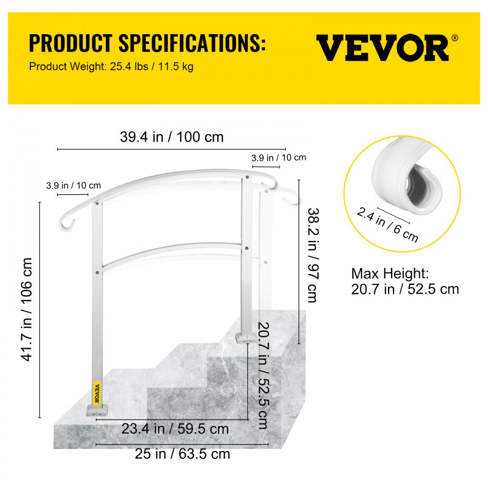 VEVOR 3-Step Handrails for Outdoor Steps Fits 1 or 3 Steps Matte White Stair Rail Wrought Iron Handrail with Installation Kit Hand Rails for Outdoor Step 