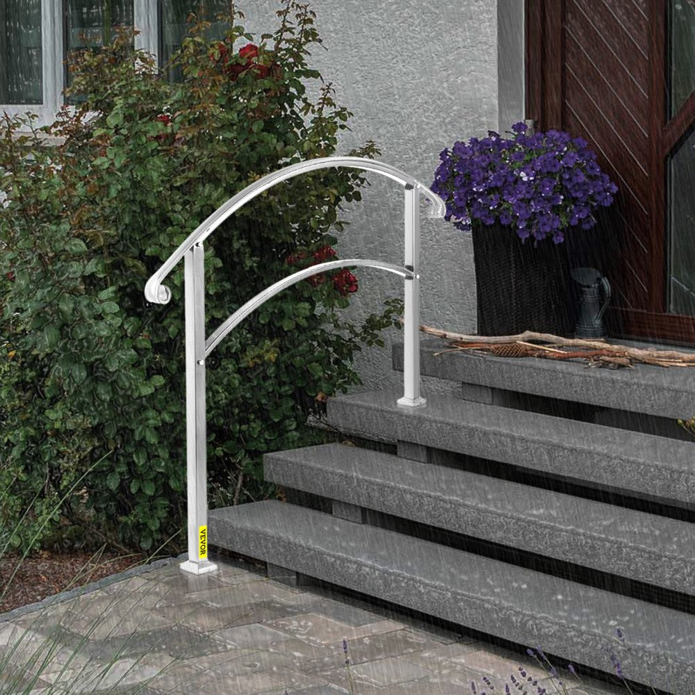 VEVOR 3-Step Handrails for Outdoor Steps Fits 1 or 3 Steps Matte White Stair Rail Wrought Iron Handrail with Installation Kit Hand Rails for Outdoor Step 