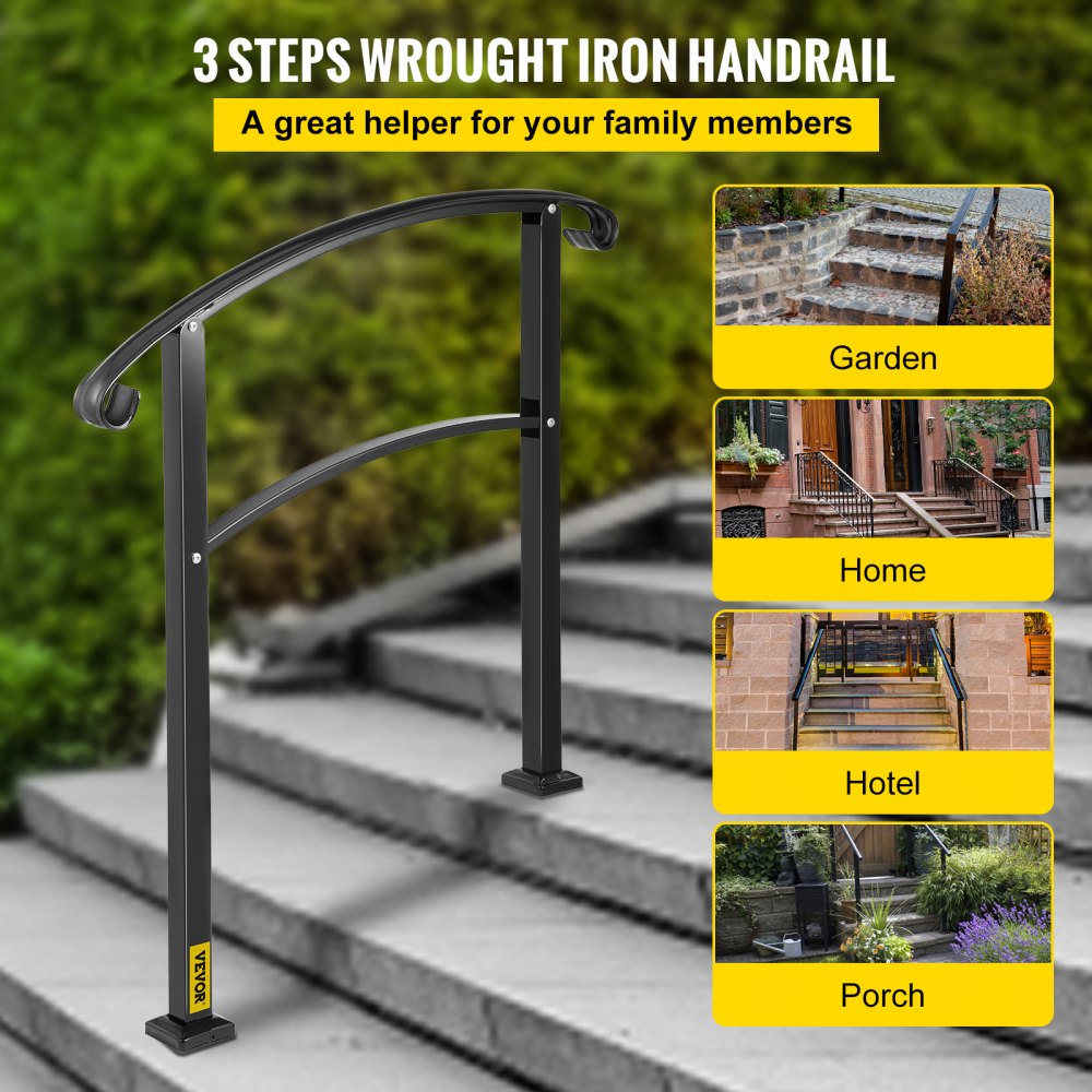 VEVOR 3-Step Transitional Handrail Fits 1 or 3 Steps Matte Stair Rail Wrought Iron Handrail with Installation Kit Hand Rails for Outdoor Steps (Unadjustable) (Black) 