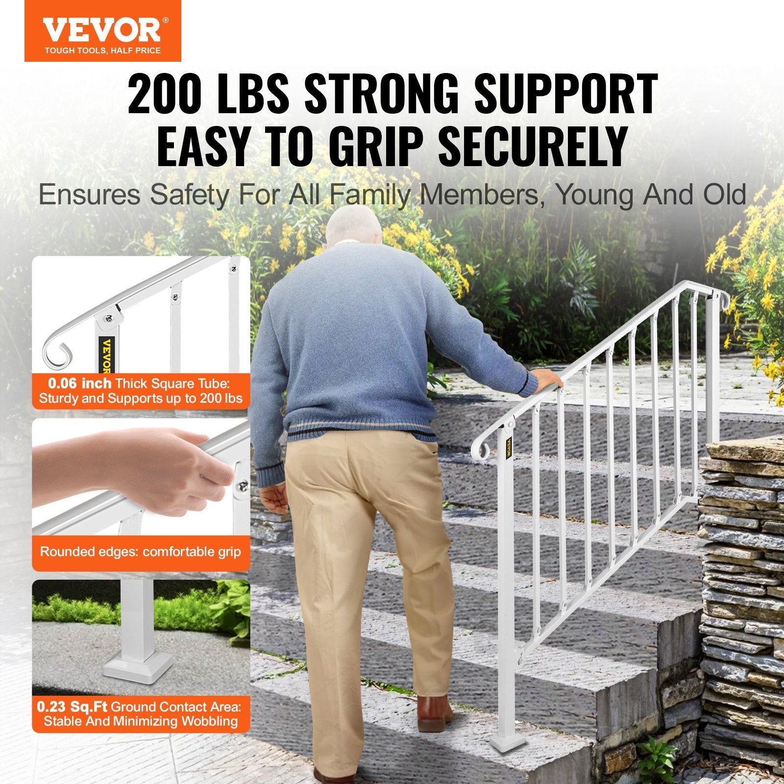 VEVOR Fit 3 or 4 Steps Outdoor Stair Railing, Handrails for Outdoor Steps, Picket#3 Wrought Iron Handrail, Flexible Porch Railing, White Transitional Handrails for Concrete Steps or Wooden Stairs 