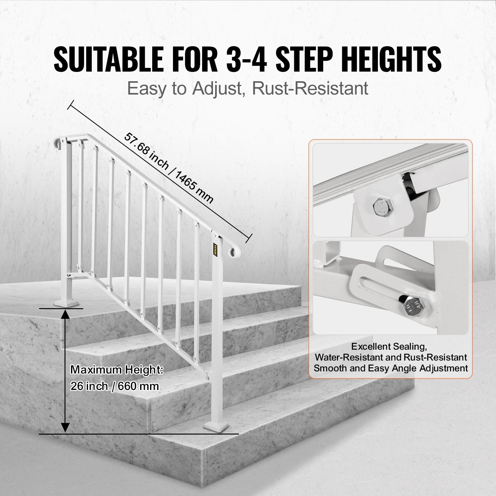 VEVOR Fit 3 or 4 Steps Outdoor Stair Railing, Handrails for Outdoor Steps, Picket#3 Wrought Iron Handrail, Flexible Porch Railing, White Transitional Handrails for Concrete Steps or Wooden Stairs 