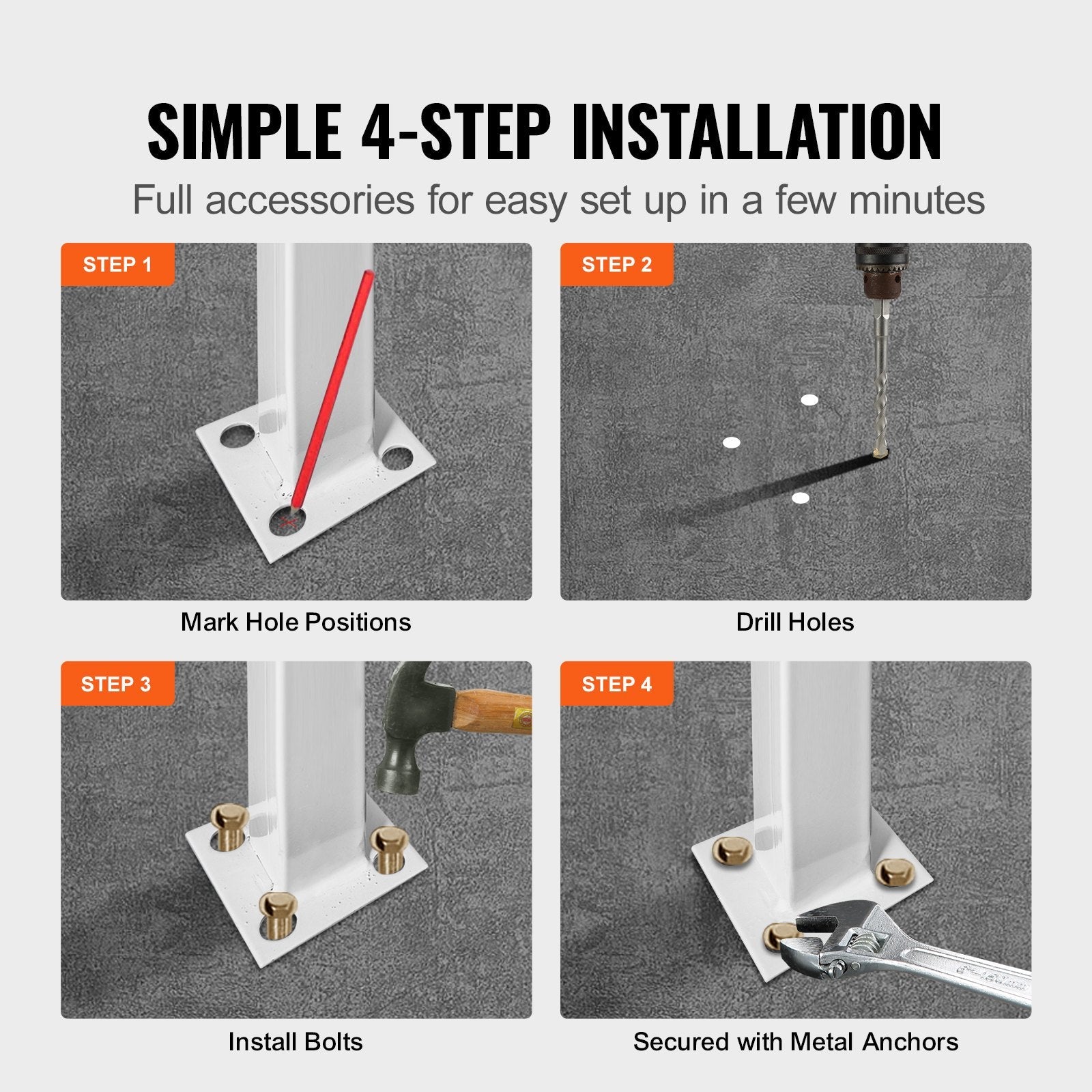VEVOR Fit 3 or 4 Steps Outdoor Stair Railing, Handrails for Outdoor Steps, Picket#3 Wrought Iron Handrail, Flexible Porch Railing, White Transitional Handrails for Concrete Steps or Wooden Stairs 
