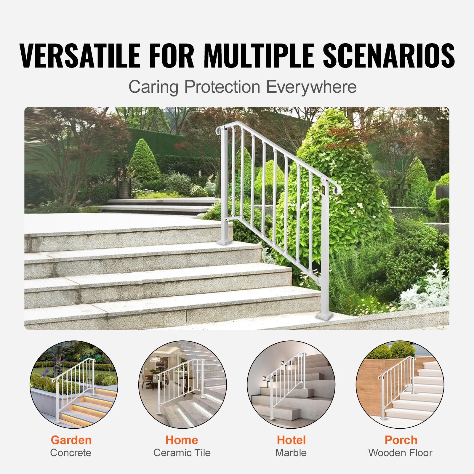 VEVOR Fit 3 or 4 Steps Outdoor Stair Railing, Handrails for Outdoor Steps, Picket#3 Wrought Iron Handrail, Flexible Porch Railing, White Transitional Handrails for Concrete Steps or Wooden Stairs 