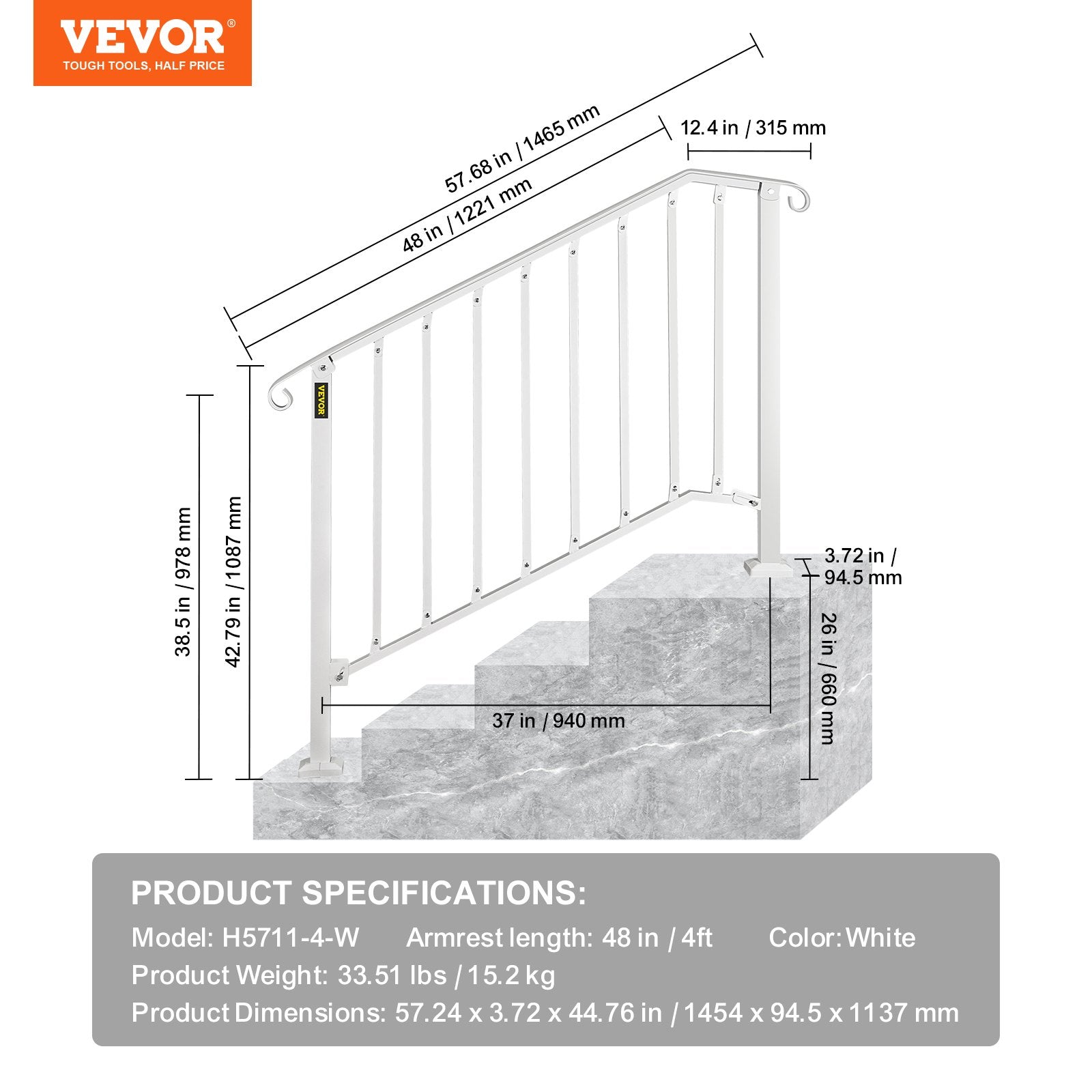 VEVOR Fit 3 or 4 Steps Outdoor Stair Railing, Handrails for Outdoor Steps, Picket#3 Wrought Iron Handrail, Flexible Porch Railing, White Transitional Handrails for Concrete Steps or Wooden Stairs 