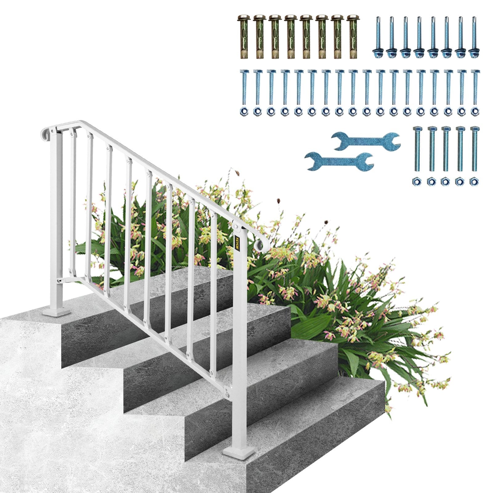 VEVOR Fit 3 or 4 Steps Outdoor Stair Railing, Handrails for Outdoor Steps, Picket#3 Wrought Iron Handrail, Flexible Porch Railing, White Transitional Handrails for Concrete Steps or Wooden Stairs 