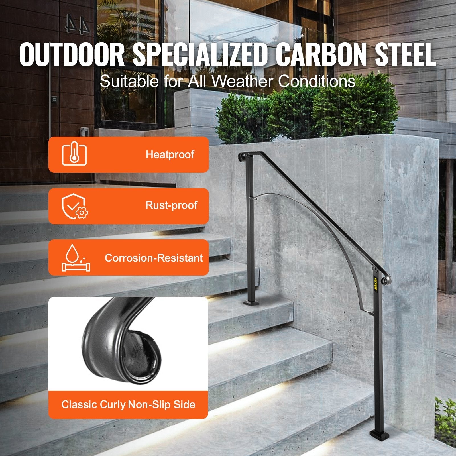 VEVOR Handrails for Outdoor Steps, Fit 3 or 4 Steps Outdoor Stair Railing, Arch#3 Wrought Iron Handrail, Flexible Porch Railing, Black Transitional Handrails for Concrete Steps or Wooden Stairs 