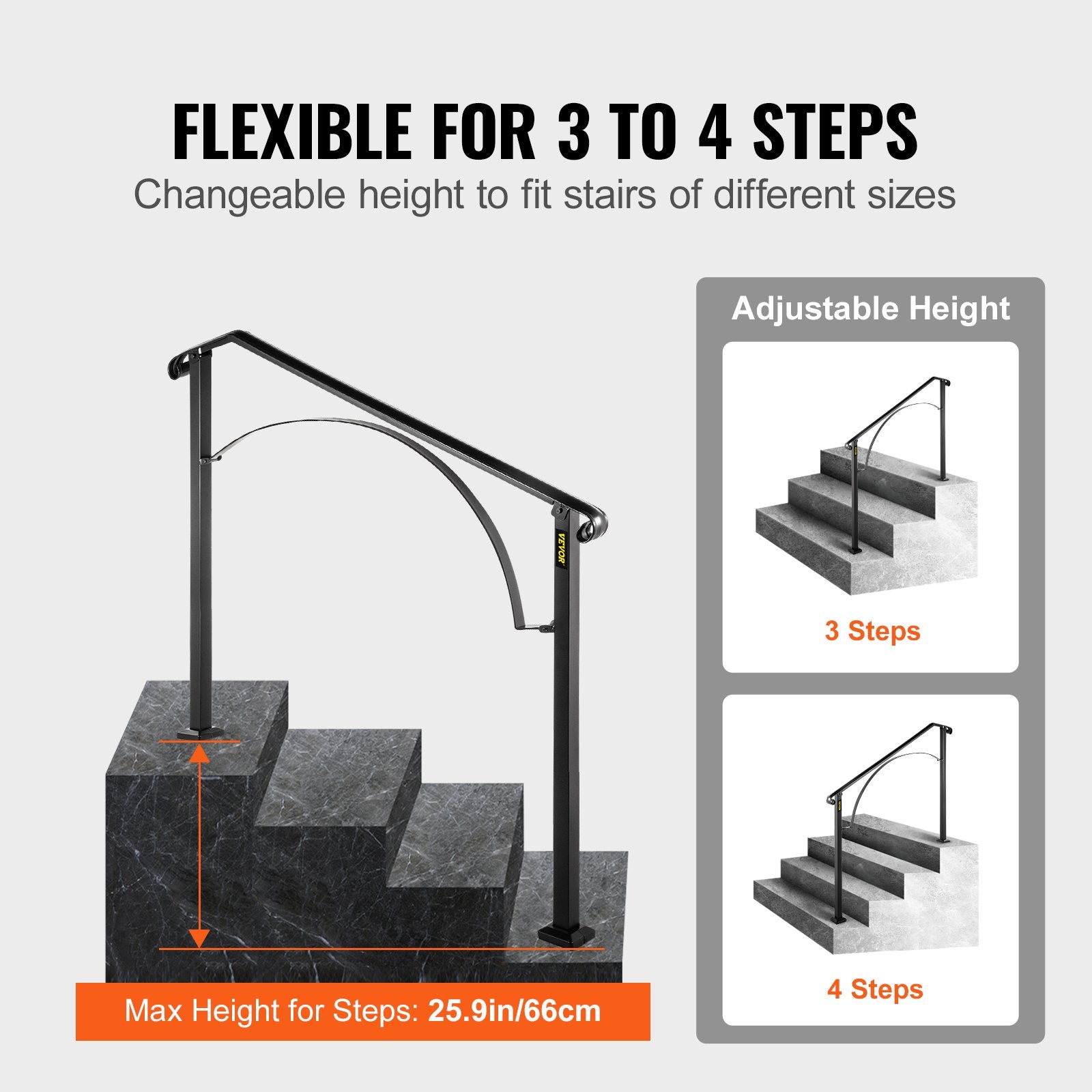 VEVOR Handrails for Outdoor Steps, Fit 3 or 4 Steps Outdoor Stair Railing, Arch#3 Wrought Iron Handrail, Flexible Porch Railing, Black Transitional Handrails for Concrete Steps or Wooden Stairs 
