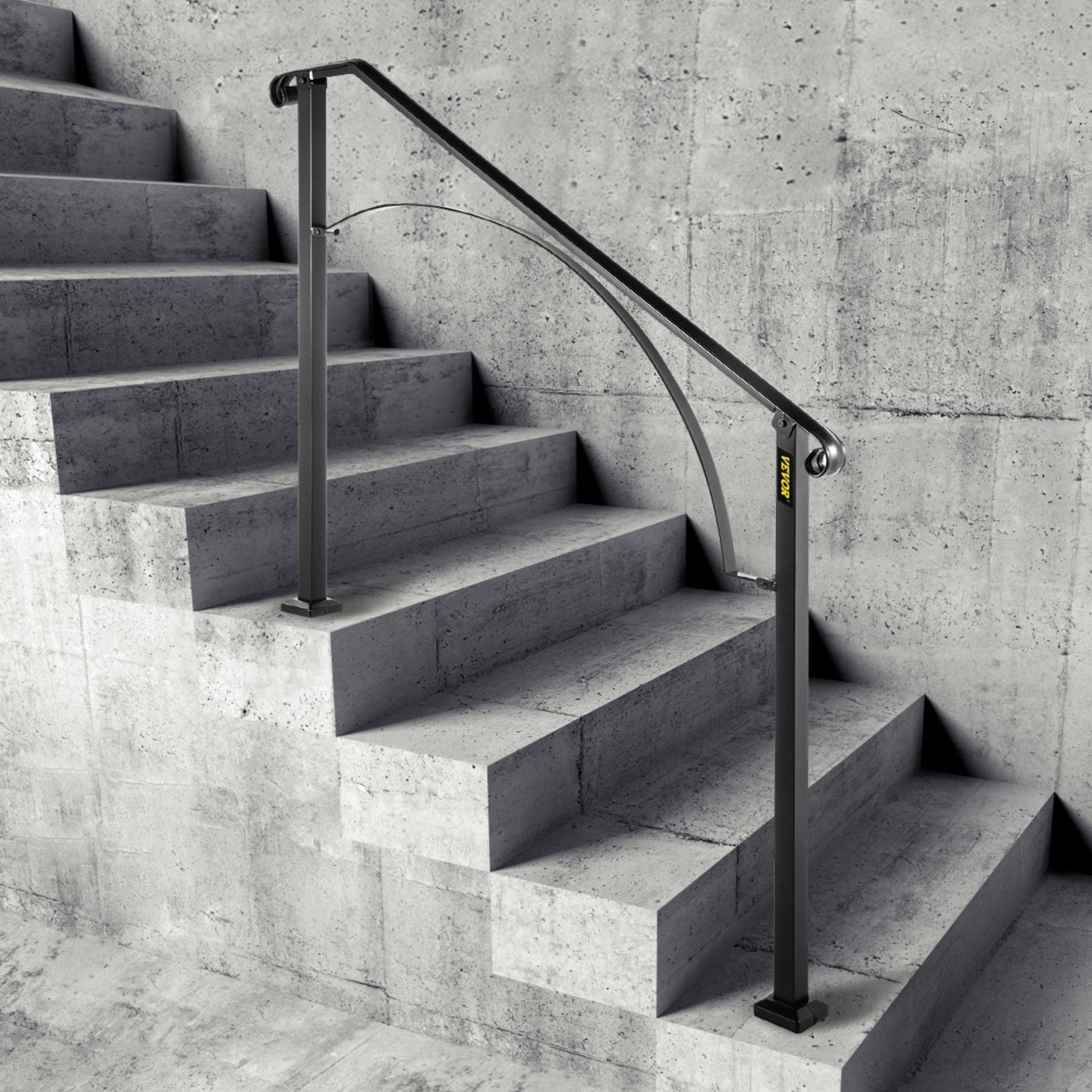 VEVOR Handrails for Outdoor Steps, Fit 3 or 4 Steps Outdoor Stair Railing, Arch#3 Wrought Iron Handrail, Flexible Porch Railing, Black Transitional Handrails for Concrete Steps or Wooden Stairs 
