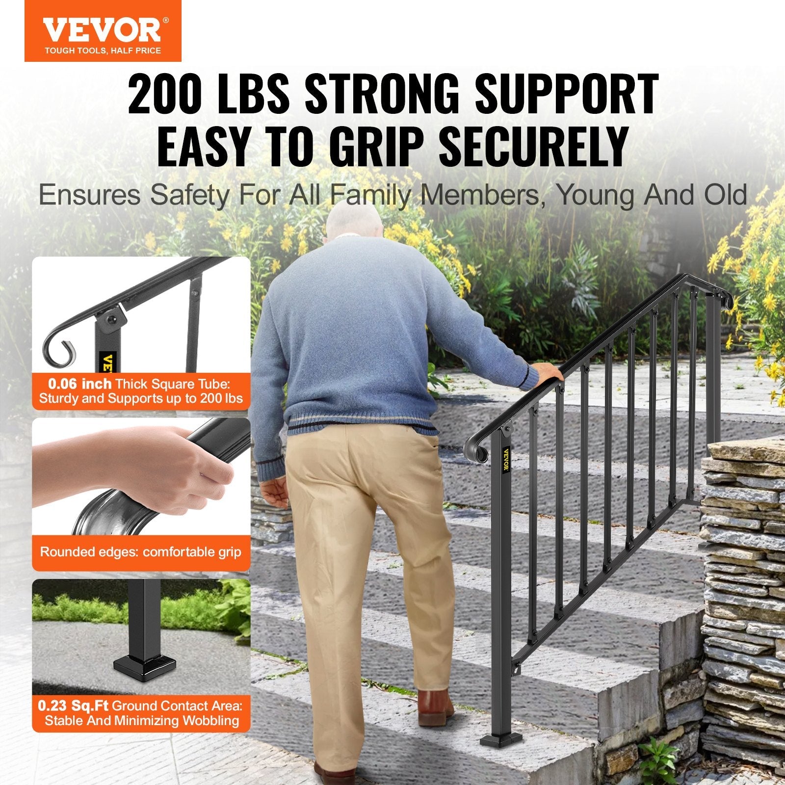 VEVOR Handrails for Outdoor Steps, Fit 3 or 4 Steps Outdoor Stair Railing, Picket#3 Wrought Iron Handrail, Flexible Porch Railing, Black Transitional Handrails for Concrete Steps or Wooden Stairs 