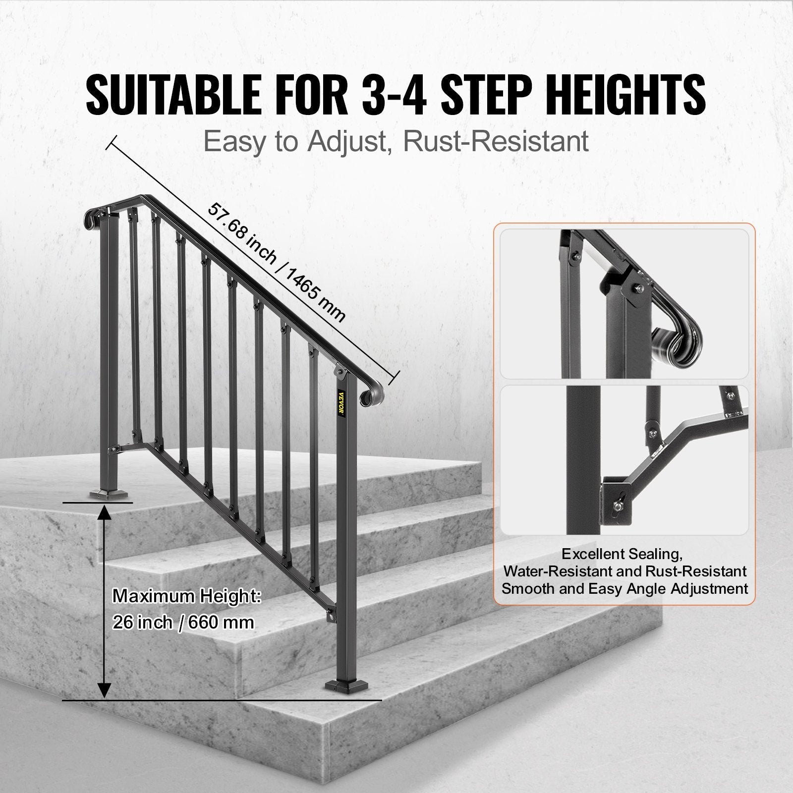 VEVOR Handrails for Outdoor Steps, Fit 3 or 4 Steps Outdoor Stair Railing, Picket#3 Wrought Iron Handrail, Flexible Porch Railing, Black Transitional Handrails for Concrete Steps or Wooden Stairs 