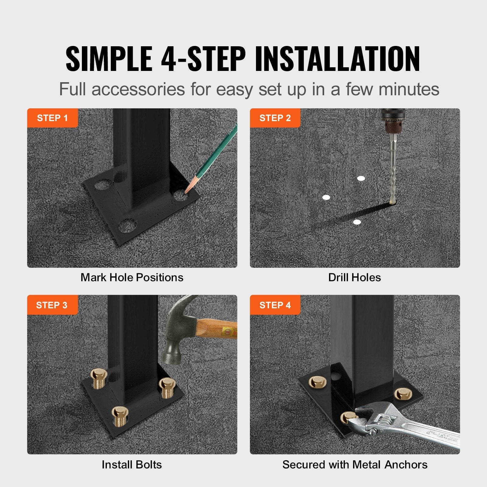VEVOR Handrails for Outdoor Steps, Fit 3 or 4 Steps Outdoor Stair Railing, Picket#3 Wrought Iron Handrail, Flexible Porch Railing, Black Transitional Handrails for Concrete Steps or Wooden Stairs 