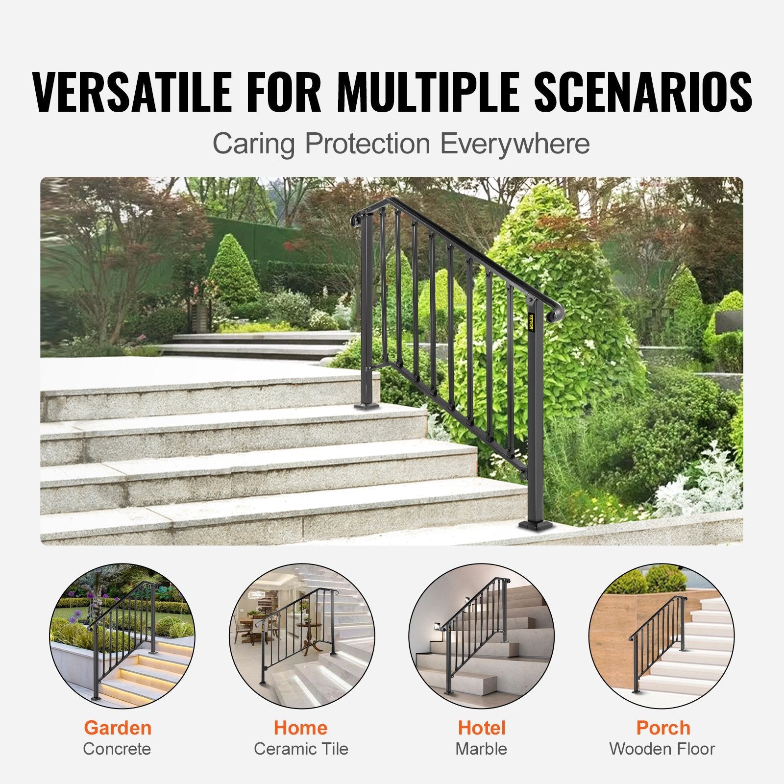 VEVOR Handrails for Outdoor Steps, Fit 3 or 4 Steps Outdoor Stair Railing, Picket#3 Wrought Iron Handrail, Flexible Porch Railing, Black Transitional Handrails for Concrete Steps or Wooden Stairs 