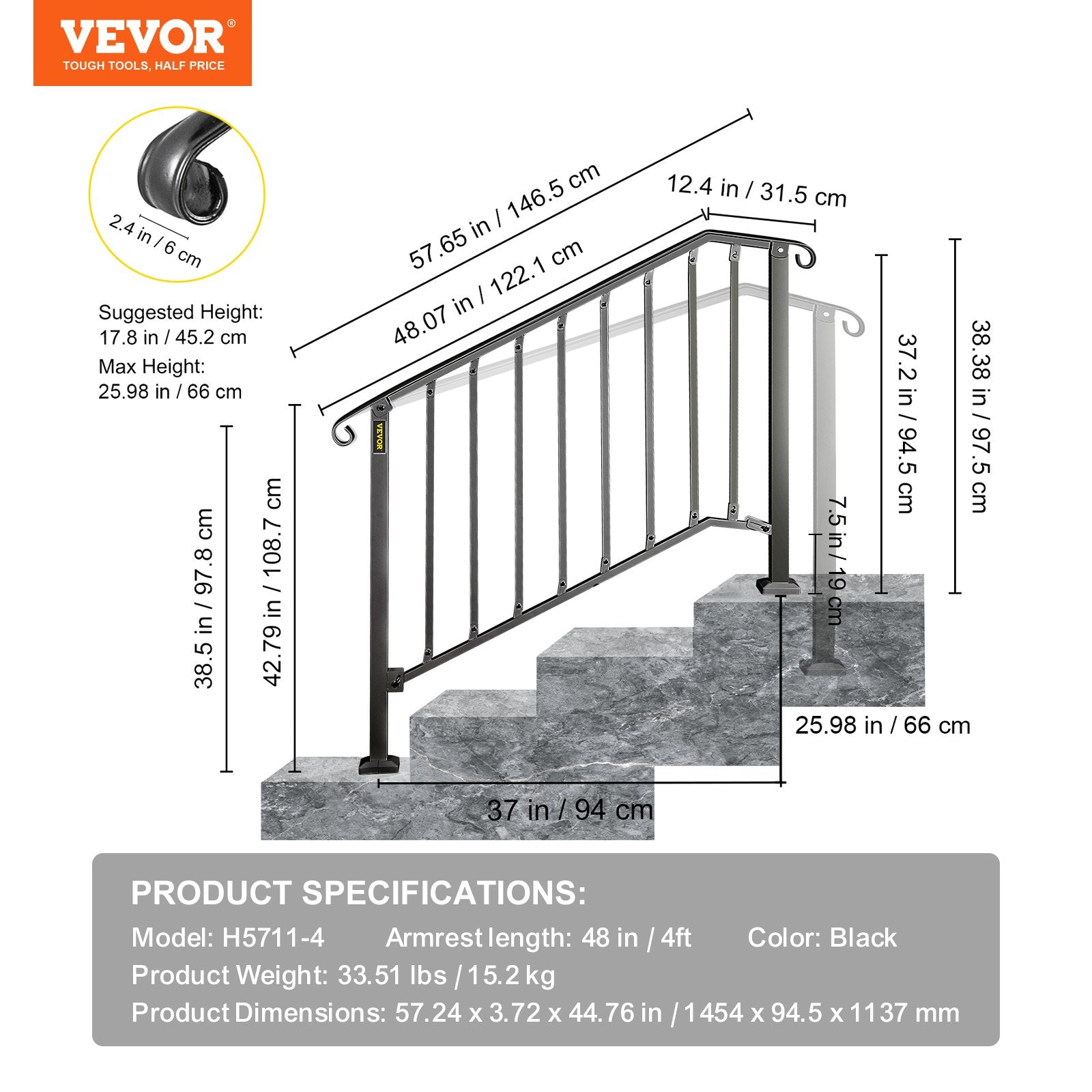 VEVOR Handrails for Outdoor Steps, Fit 3 or 4 Steps Outdoor Stair Railing, Picket#3 Wrought Iron Handrail, Flexible Porch Railing, Black Transitional Handrails for Concrete Steps or Wooden Stairs 