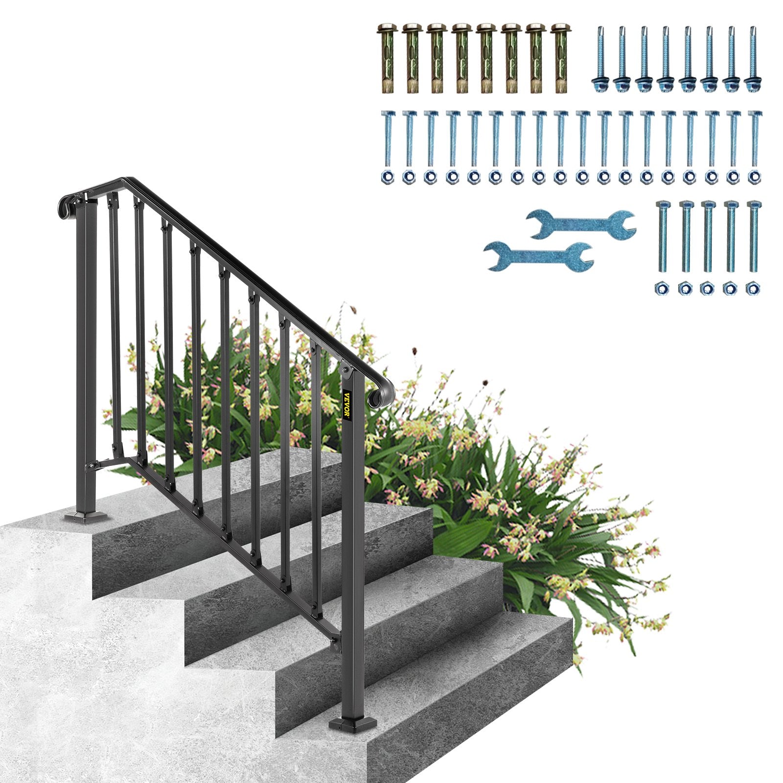 VEVOR Handrails for Outdoor Steps, Fit 3 or 4 Steps Outdoor Stair Railing, Picket#3 Wrought Iron Handrail, Flexible Porch Railing, Black Transitional Handrails for Concrete Steps or Wooden Stairs 