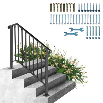 VEVOR Handrails for Outdoor Steps, Fit 3 or 4 Steps Outdoor Stair Railing, Picket#3 Wrought Iron Handrail, Flexible Porch Railing, Black Transitional Handrails for Concrete Steps or Wooden Stairs 