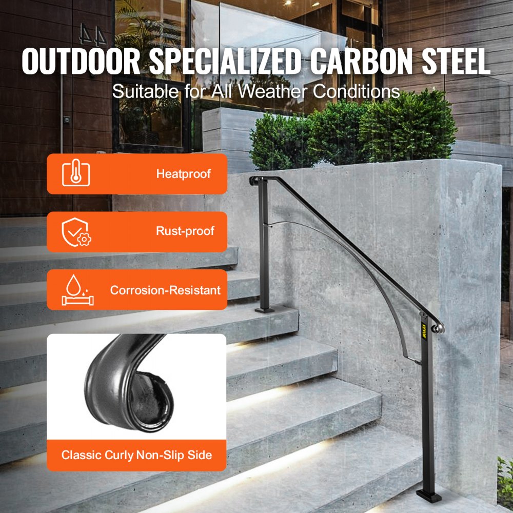 VEVOR Handrails for Outdoor Steps, Fit 4 or 5 Steps Outdoor Stair Railing, Arch#4 Wrought Iron Handrail, Flexible Porch Railing, Black Transitional Handrails for Concrete Steps or Wooden Stairs 